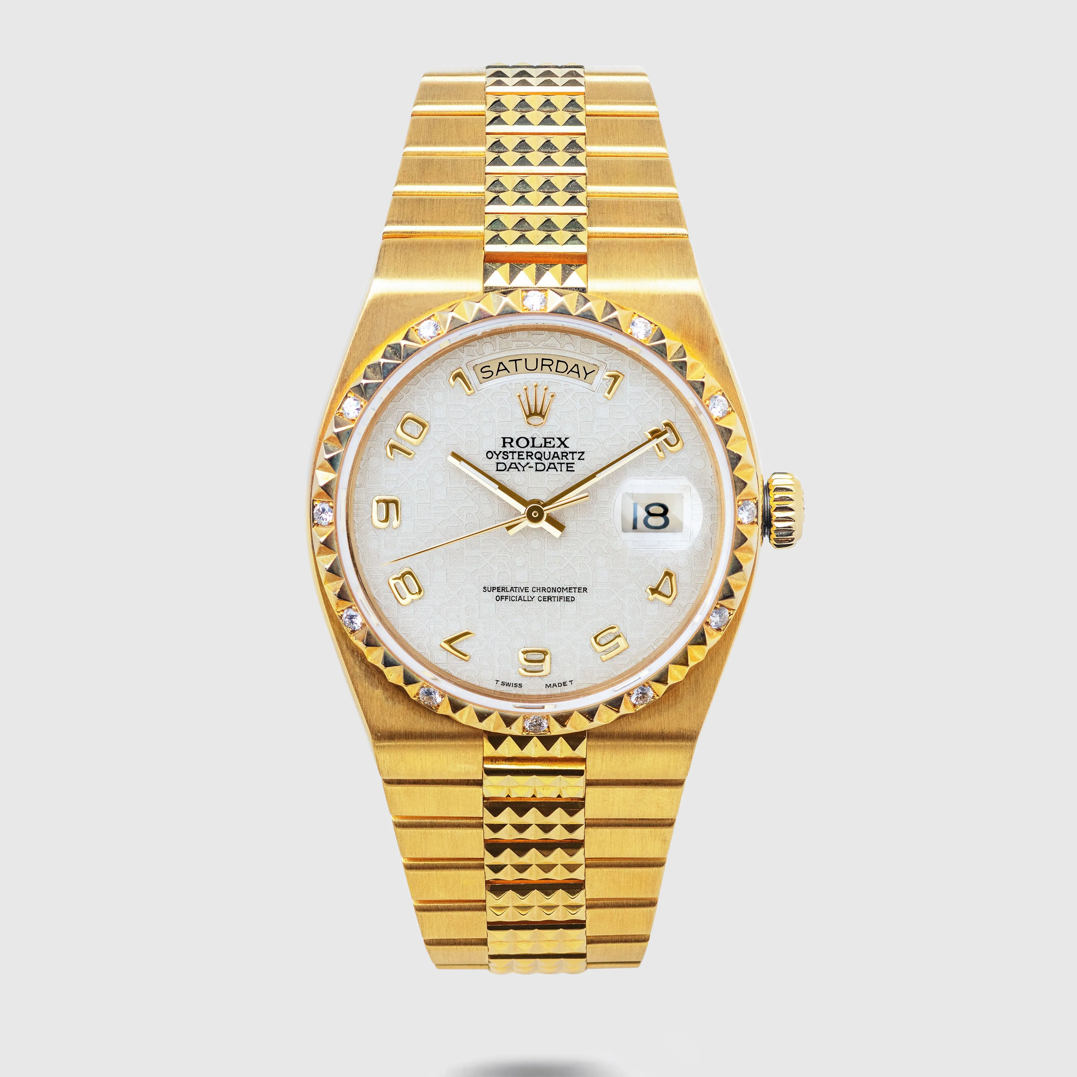 1986 Rolex Oysterquartz Day Date Pyramid Diamond Bezel Ref. 19038 (Full Set)