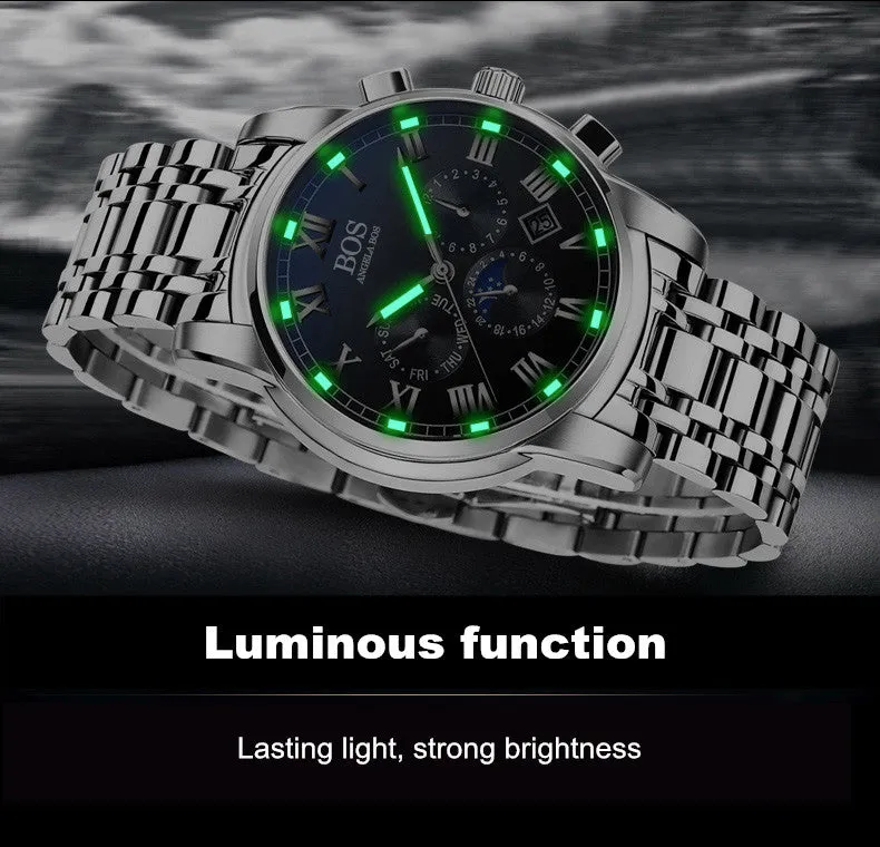 2016 mens watches top brand luxury BOS Three dial work stainless steel Moon Phase Waterproof Luminous men's watches quartz-watch