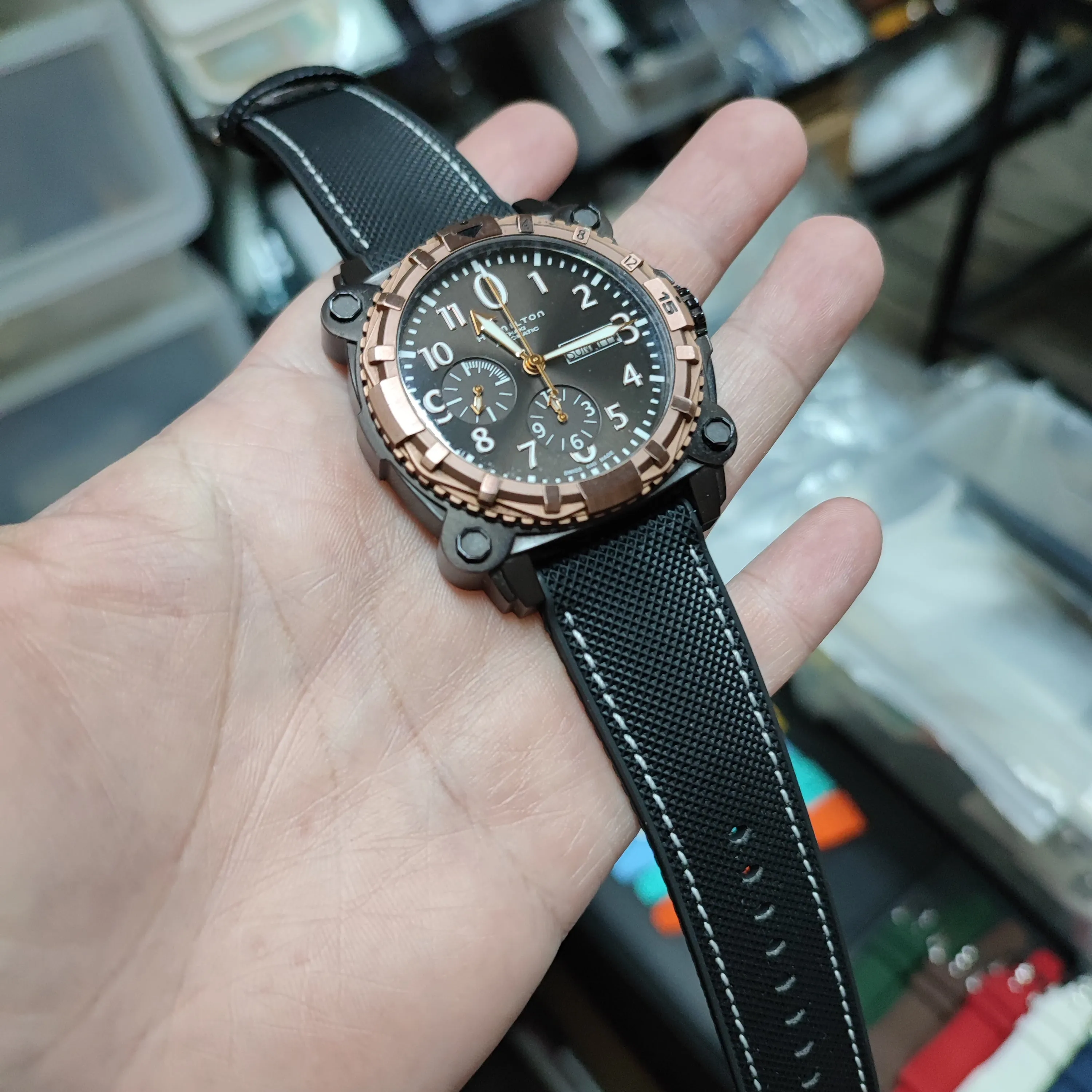 20mm, 21mm, 22mm, 23mm, 24mm Hybrid Black Fiber Rubber Watch Strap, White Stitching