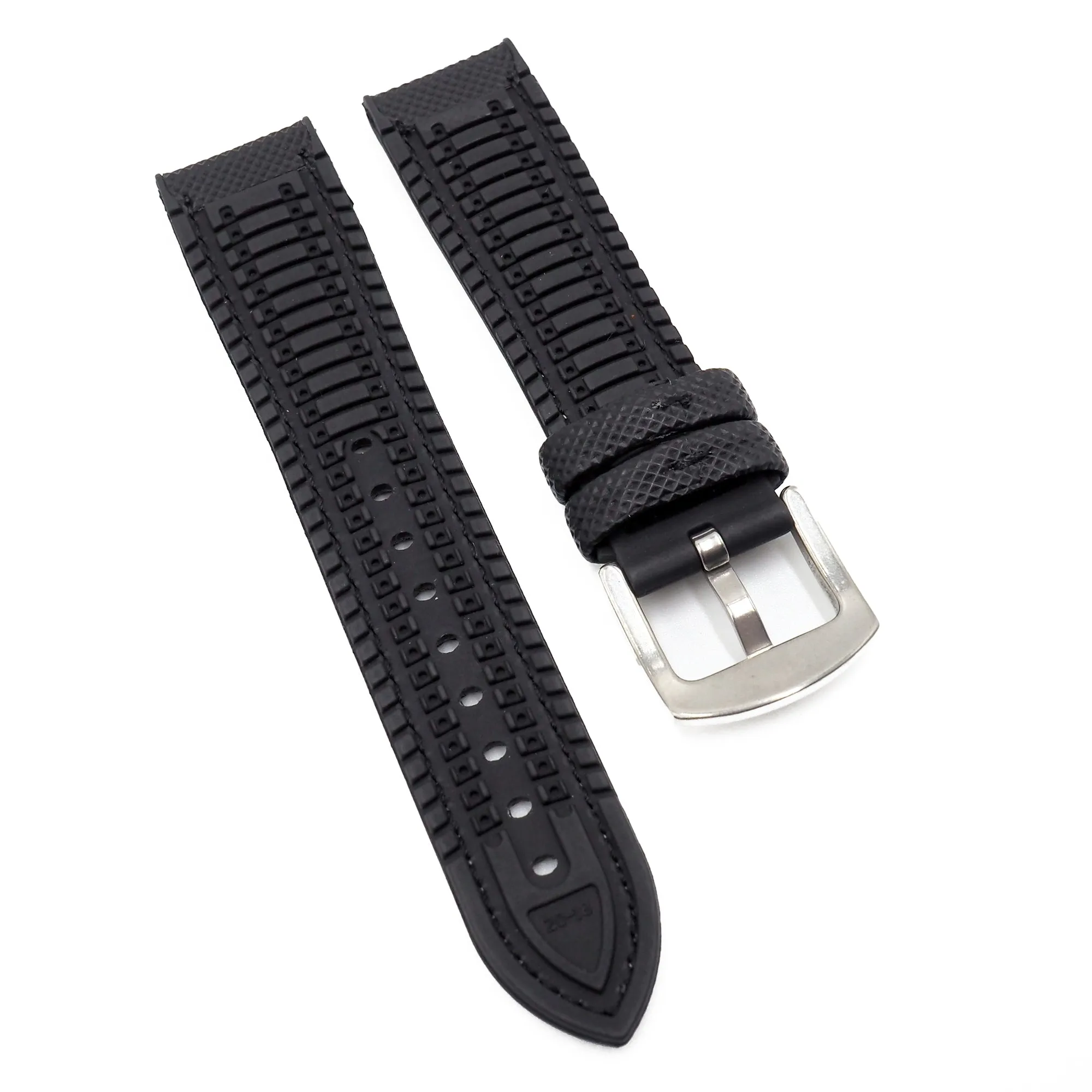 20mm, 21mm, 22mm, 23mm, 24mm Hybrid Black Fiber Rubber Watch Strap, White Stitching