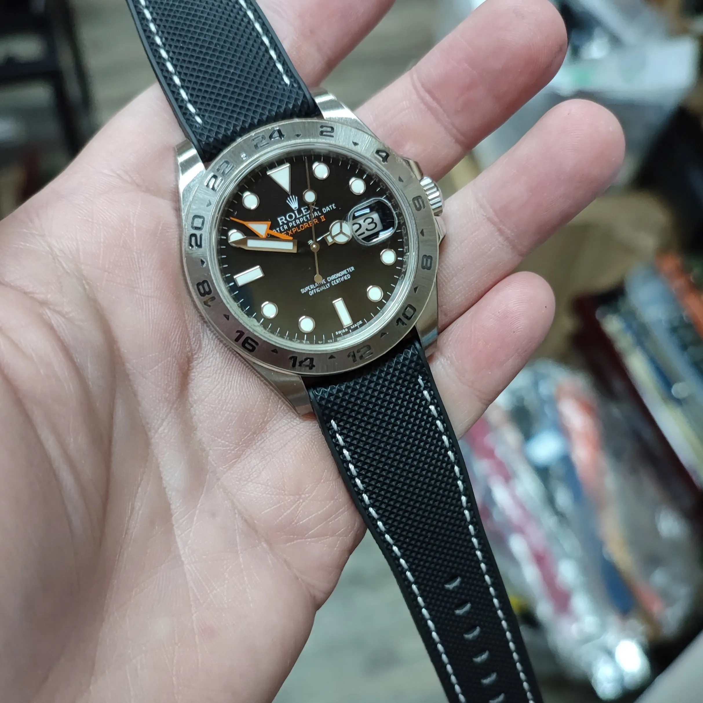 20mm, 21mm, 22mm, 23mm, 24mm Hybrid Black Fiber Rubber Watch Strap, White Stitching