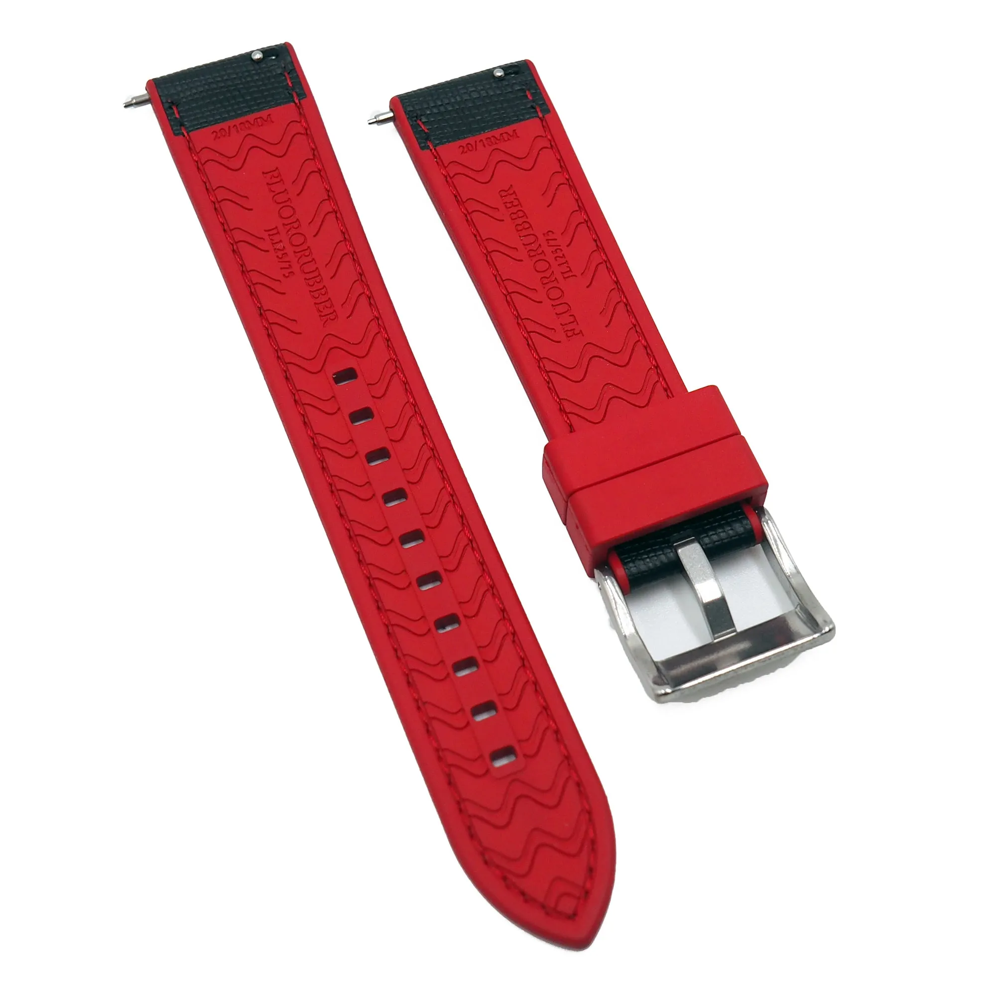 20mm, 22mm Hybrid Black Saffiano Leather Red FKM Rubber Watch Strap, Quick Release Spring Bars