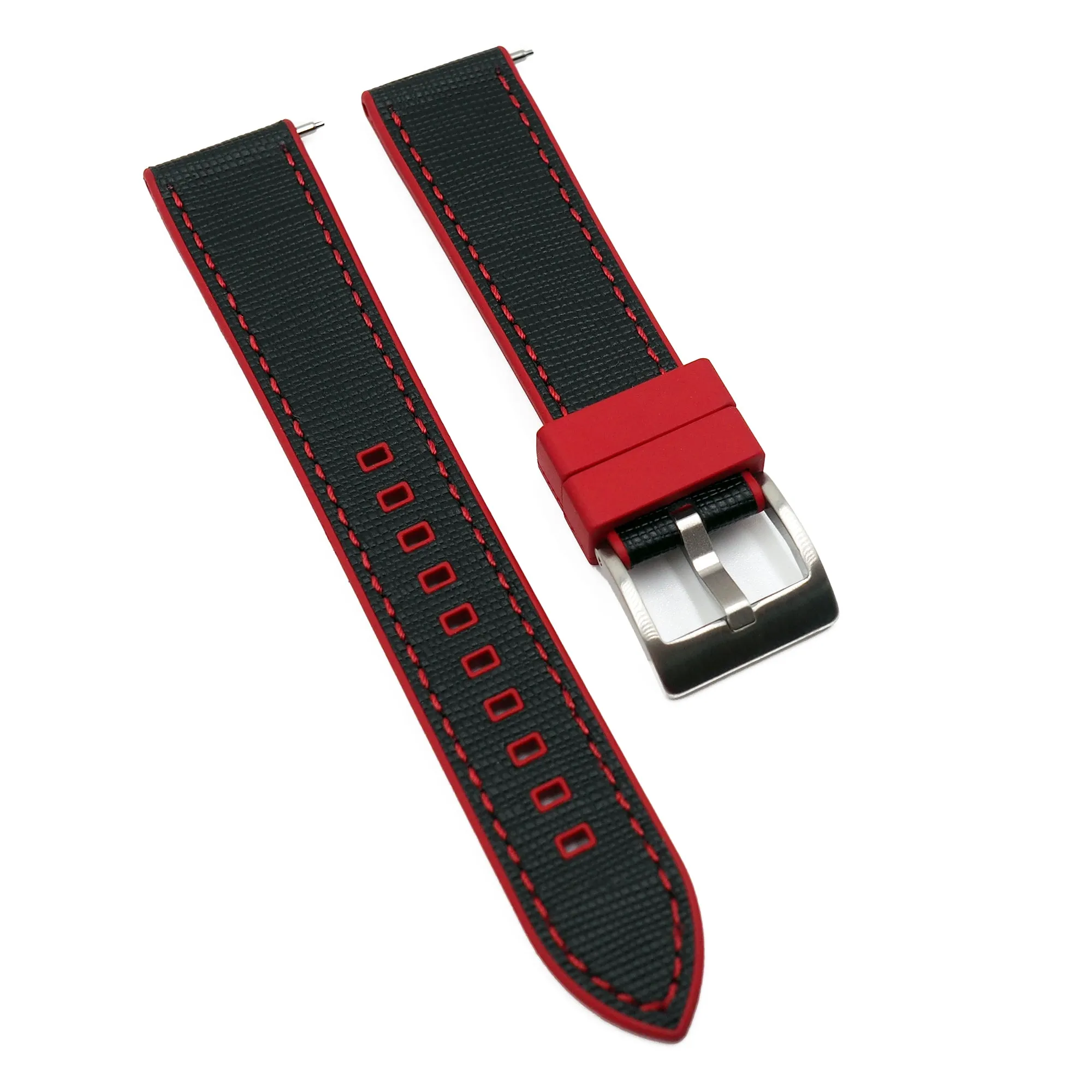 20mm, 22mm Hybrid Black Saffiano Leather Red FKM Rubber Watch Strap, Quick Release Spring Bars