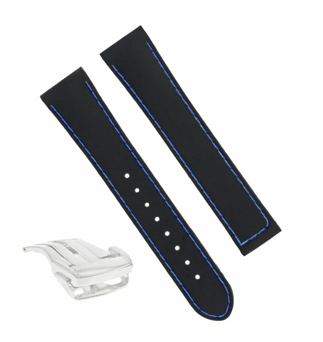 20MM RUBBER STRAP BAND BUCKLE DEPLOYMENT FOR OMEGA SEAMASTER BLACK BLUE STITCH