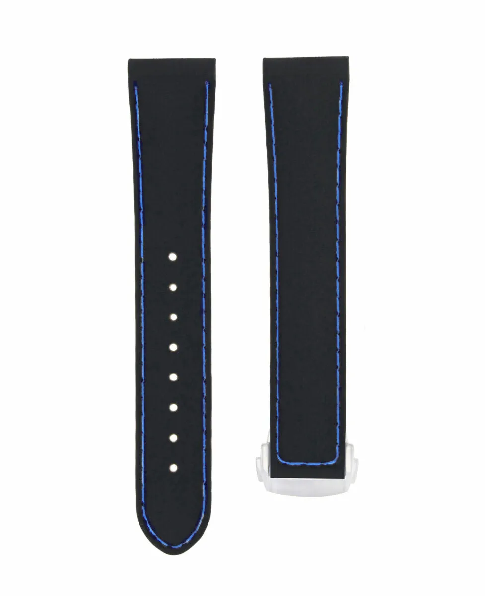 20MM RUBBER STRAP BAND BUCKLE DEPLOYMENT FOR OMEGA SEAMASTER BLACK BLUE STITCH