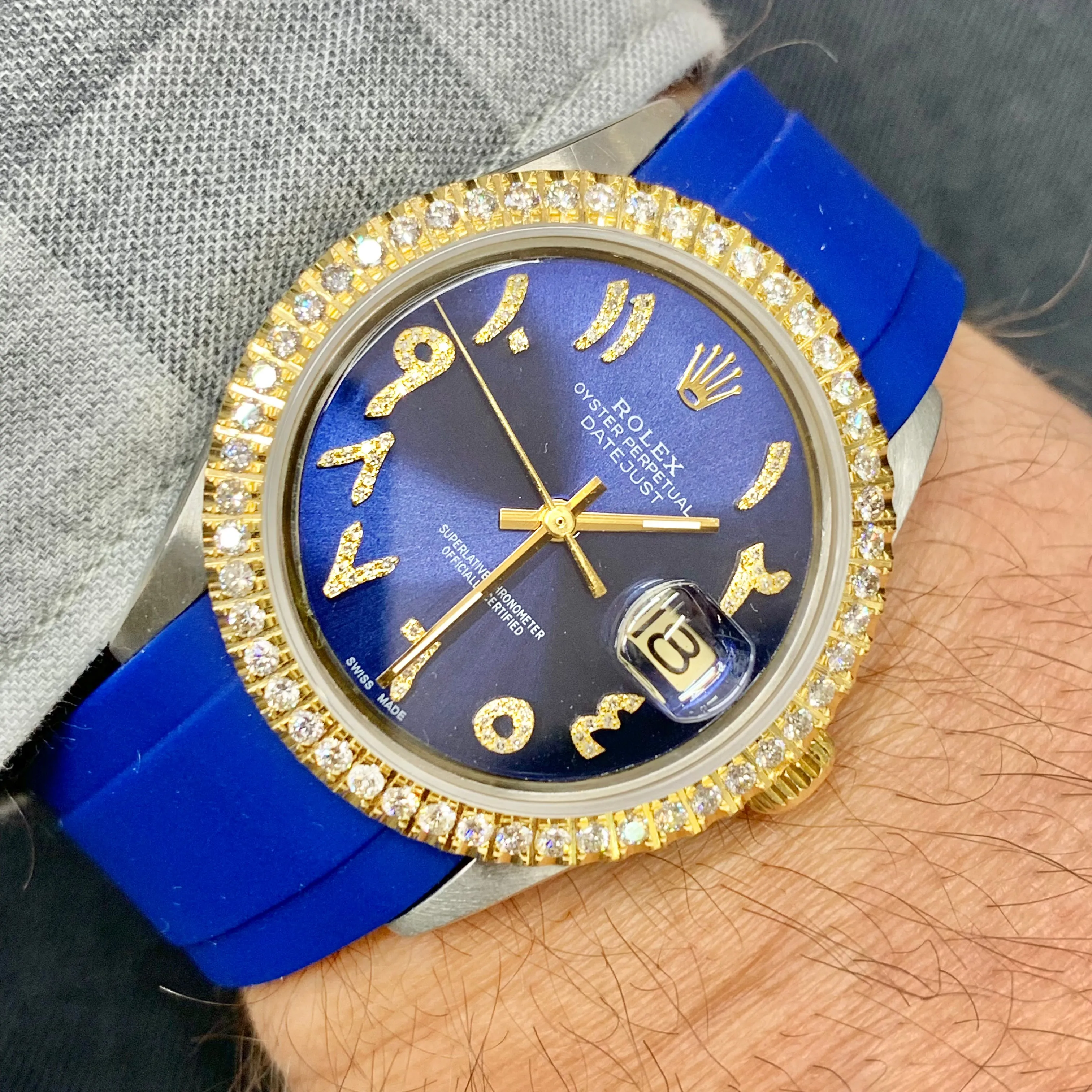 36mm Rolex Datejust Diamond Watch with Blue Rubber Band (blue dial with Arabic numerals)