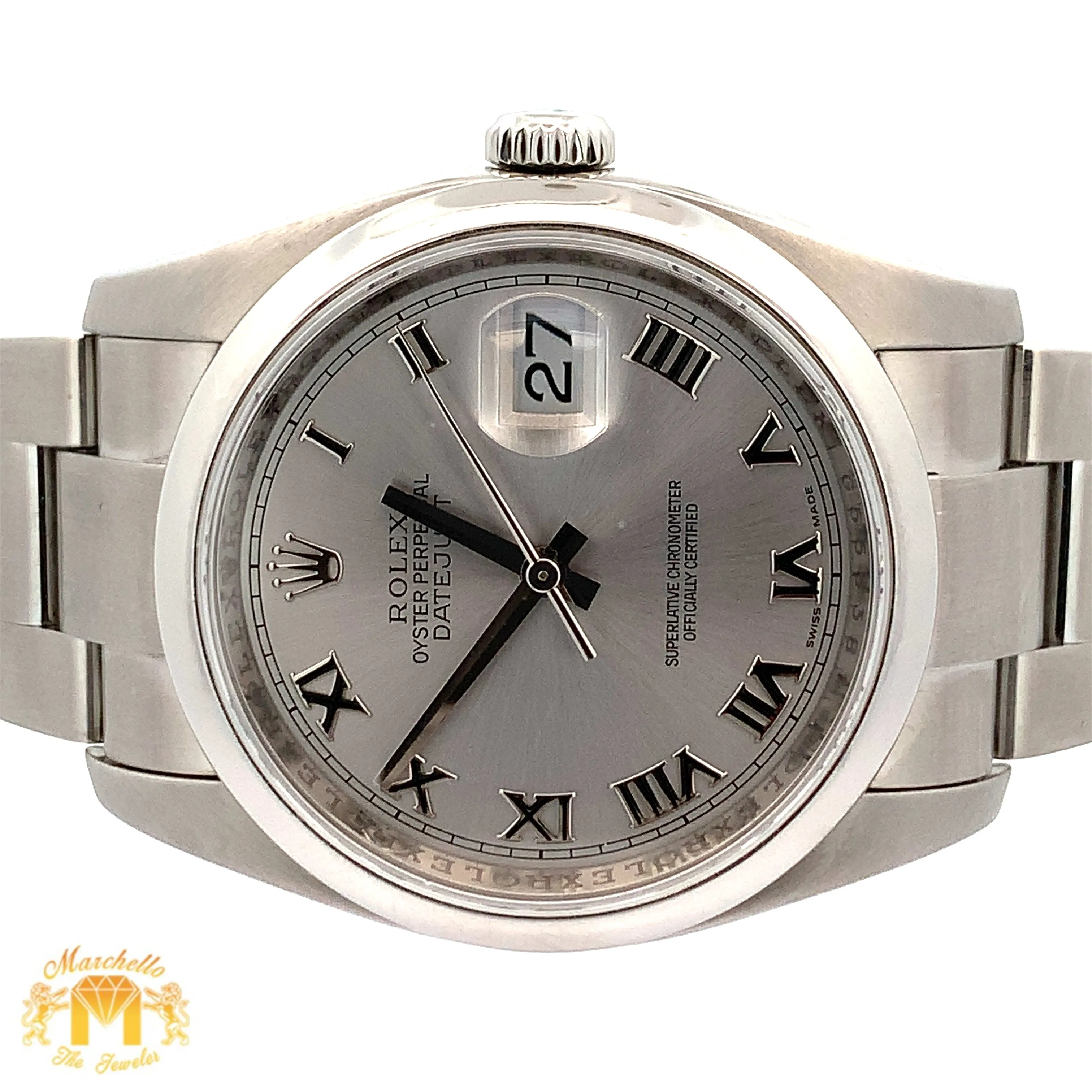 36mm Rolex Watch with Stainless Steel Oyster Bracelet (silver dial, engraved model)