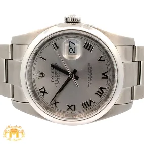 36mm Rolex Watch with Stainless Steel Oyster Bracelet (silver dial, engraved model)
