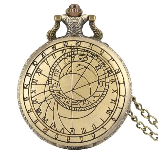 Antique Retro Bronze Compass Prague Astronomical Design Analog Pocket Watch