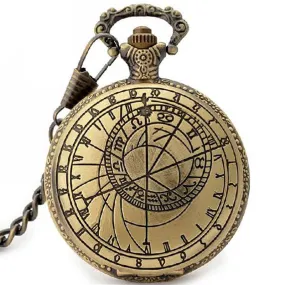 Antique Retro Bronze Compass Prague Astronomical Design Analog Pocket Watch