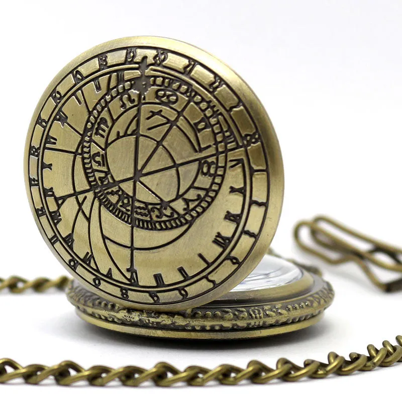 Antique Retro Bronze Compass Prague Astronomical Design Analog Pocket Watch