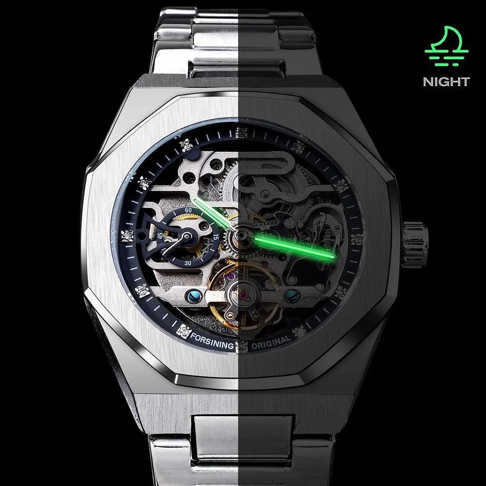 Automatic Watch 3D Diamond Skeleton Hollow  Luminous Military Watches