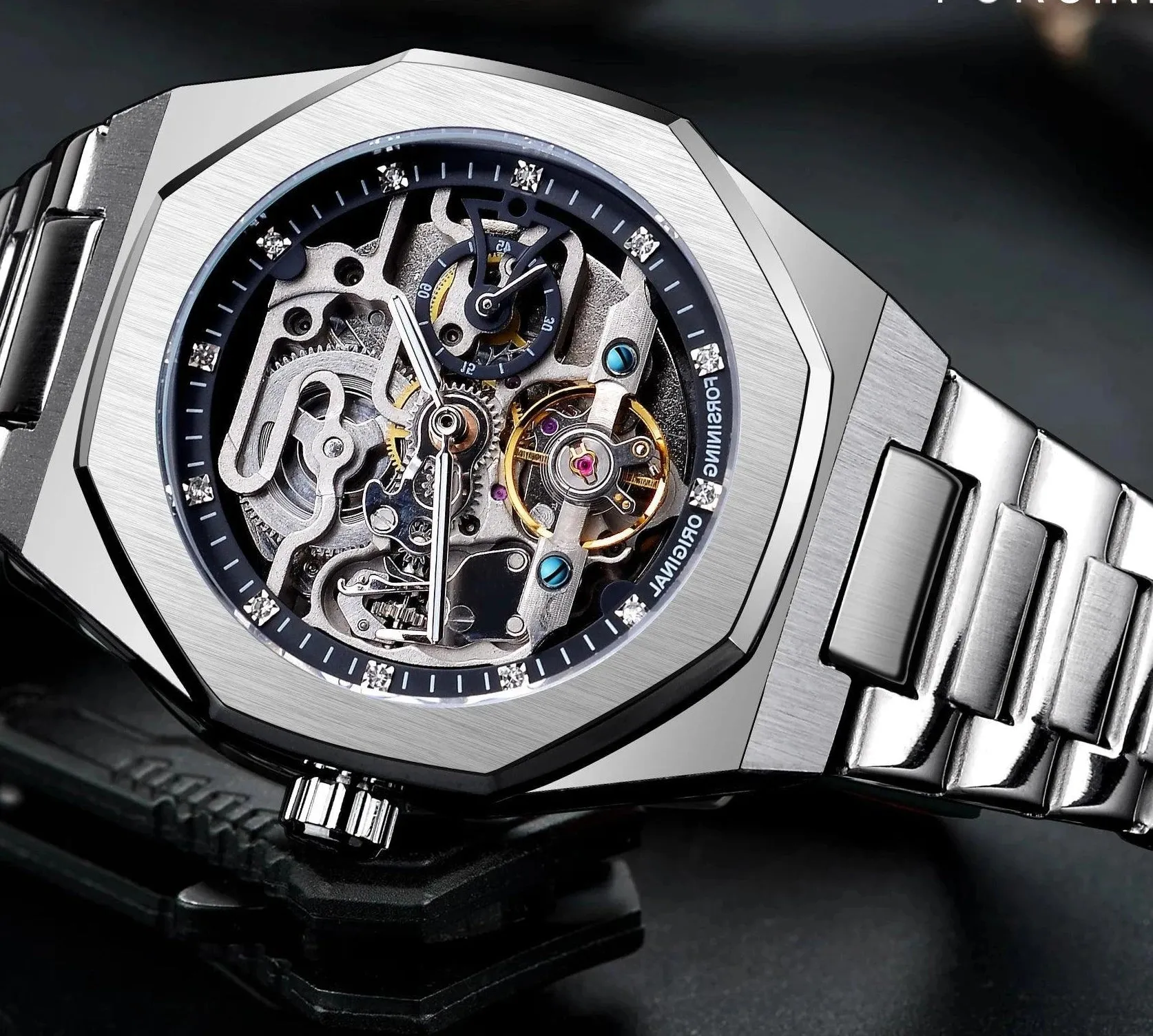 Automatic Watch 3D Diamond Skeleton Hollow  Luminous Military Watches