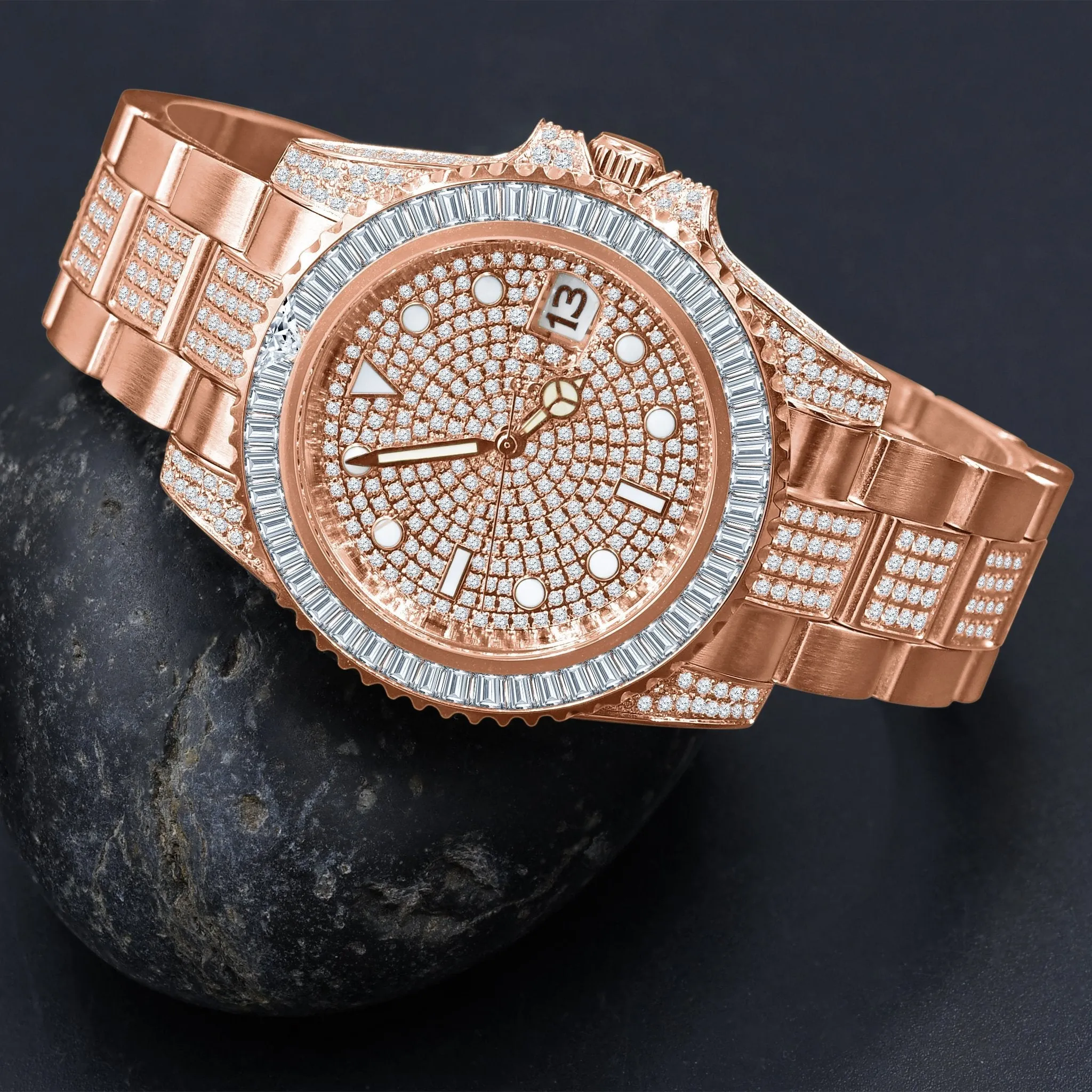 Baguette Bezel CZ Mid Link Date Hip Hop Watch