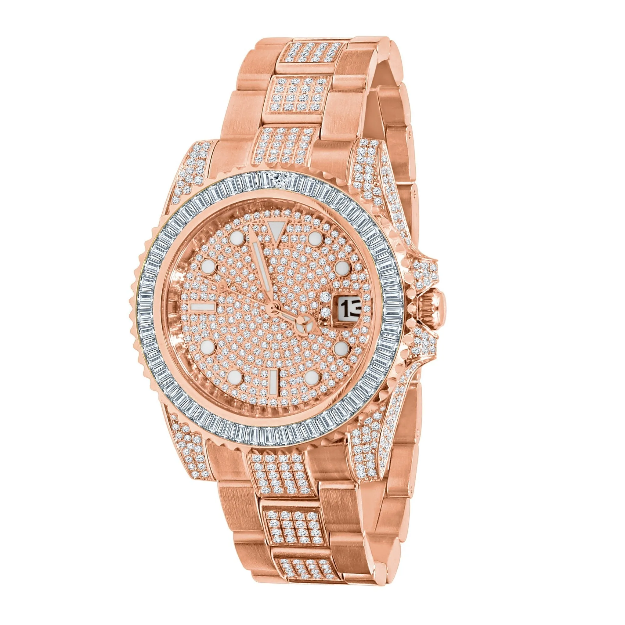 Baguette Bezel CZ Mid Link Date Hip Hop Watch