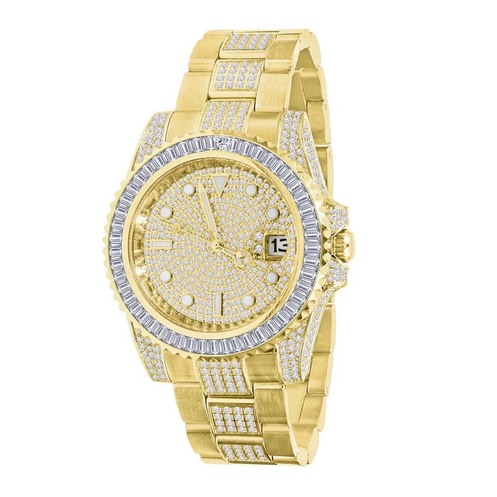 Baguette Bezel CZ Mid Link Date Hip Hop Watch