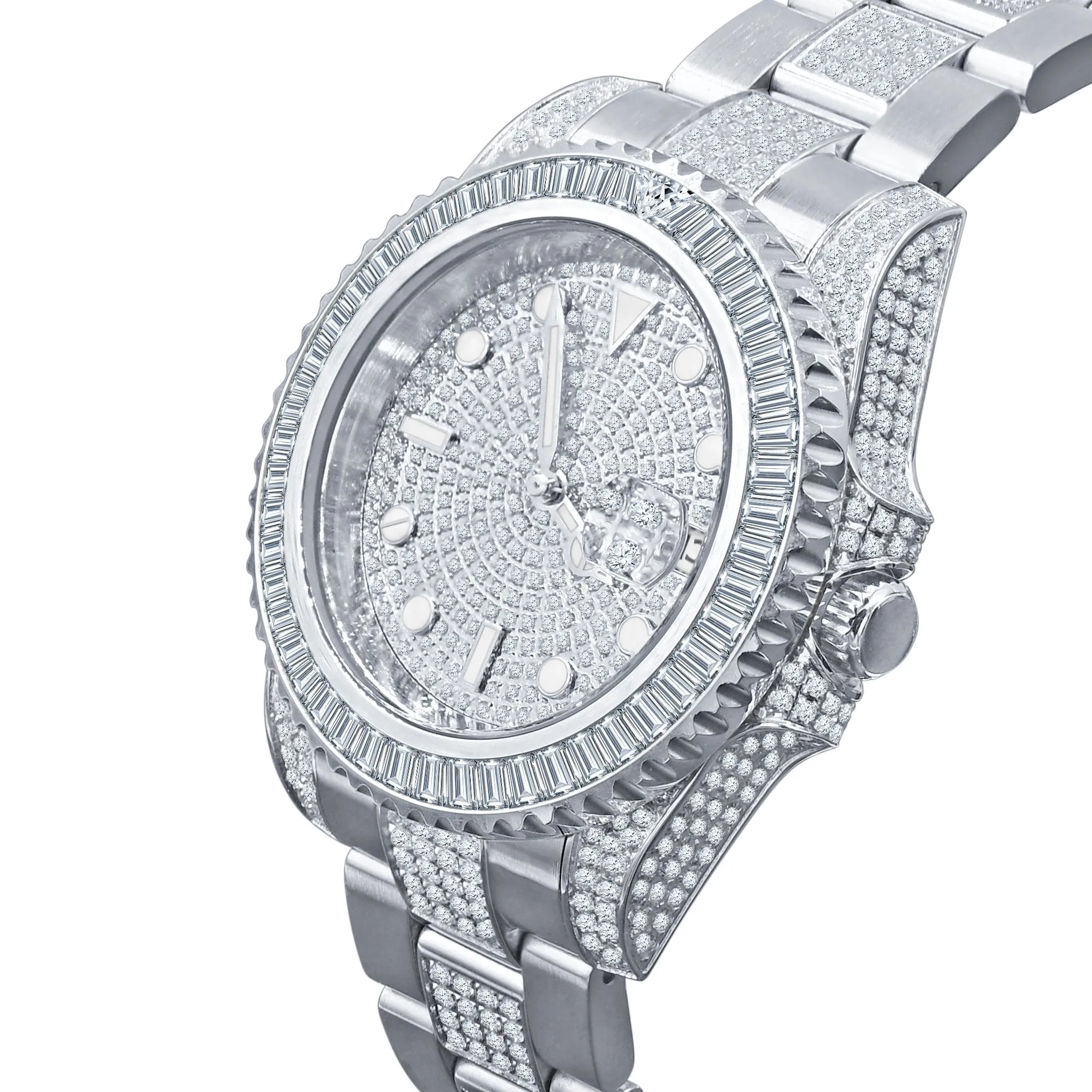Baguette Bezel CZ Mid Link Date Hip Hop Watch