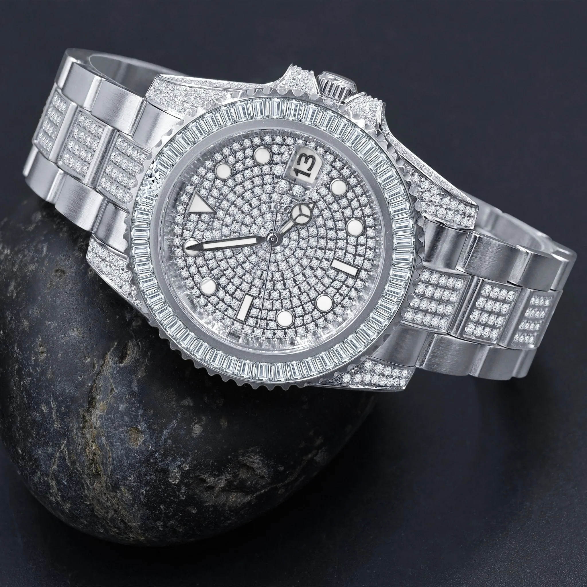 Baguette Bezel CZ Mid Link Date Hip Hop Watch