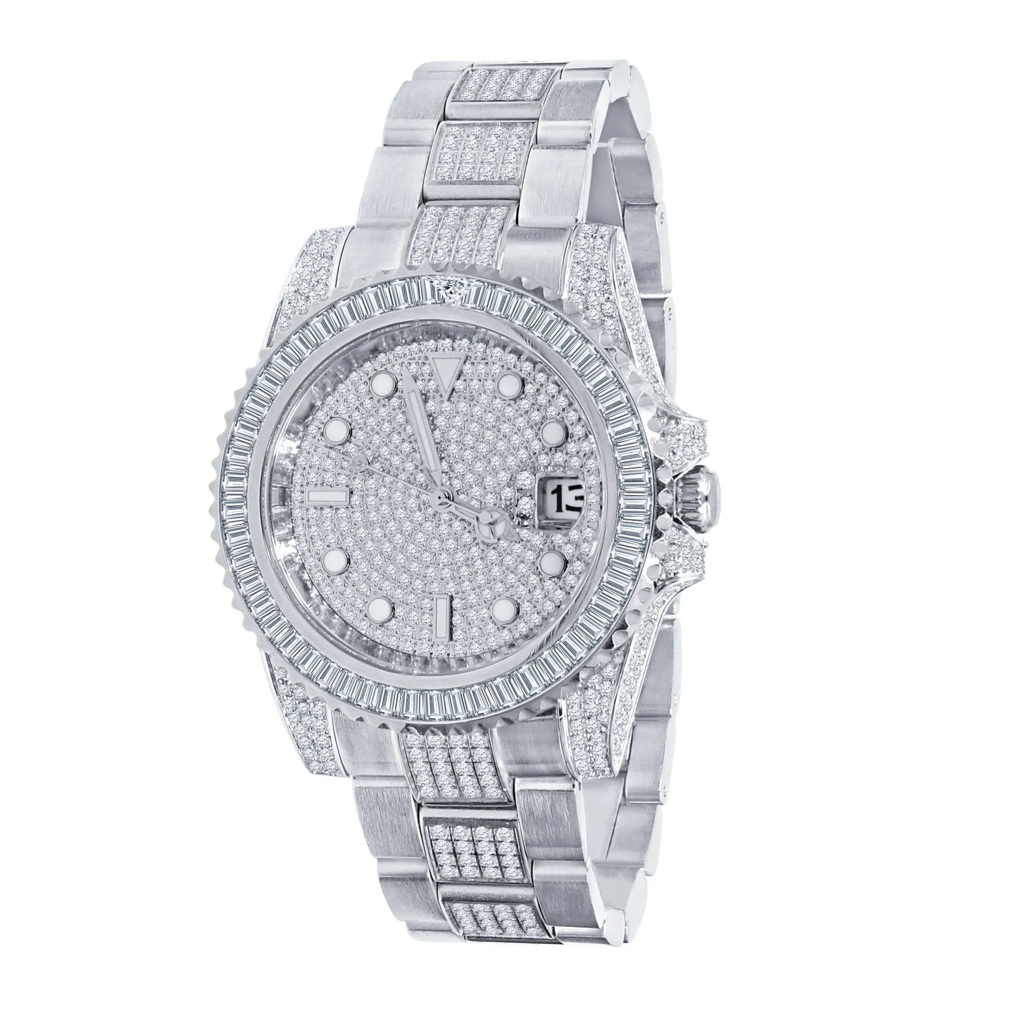 Baguette Bezel CZ Mid Link Date Hip Hop Watch