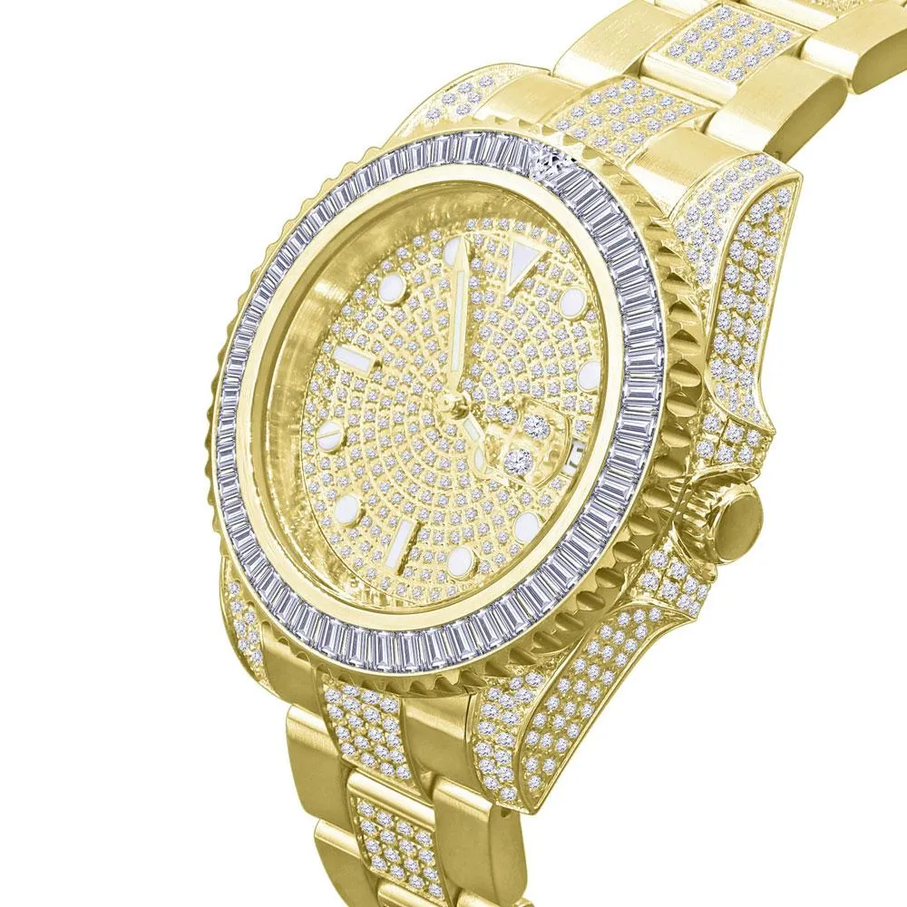 Baguette Bezel CZ Mid Link Date Hip Hop Watch