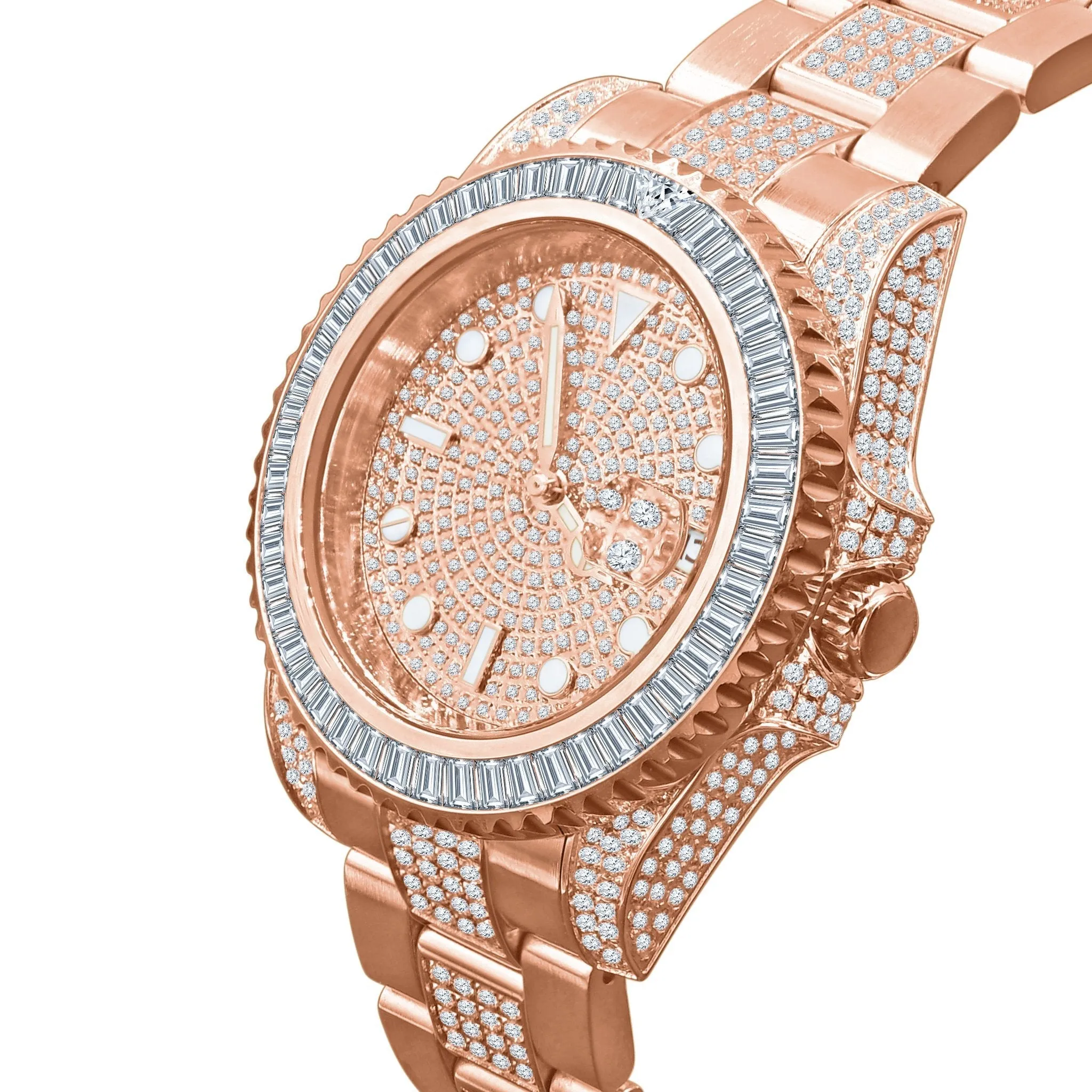 Baguette Bezel CZ Mid Link Date Hip Hop Watch