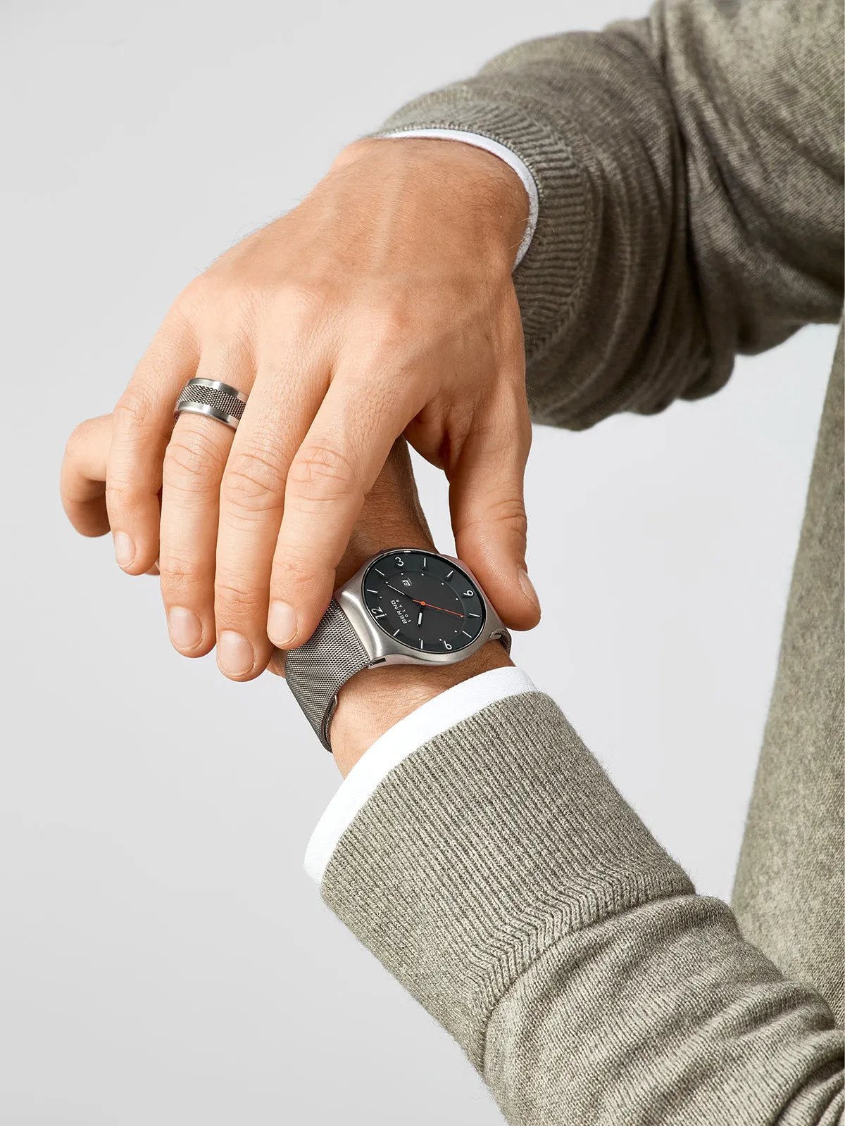 Bering Solar Stainless Steel Mesh Watch with Grey Dial