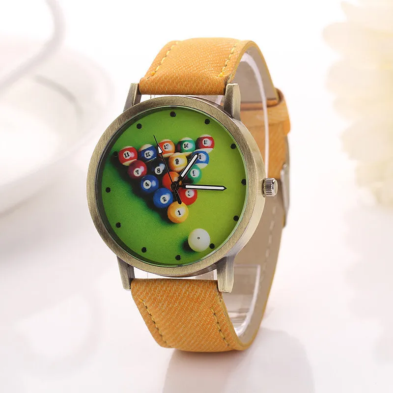 Billiards Cartoon Fashion Casual Women Girls Watches Vintage Wristwatches Canvas Fabric Strap Pattern Quartz Watch