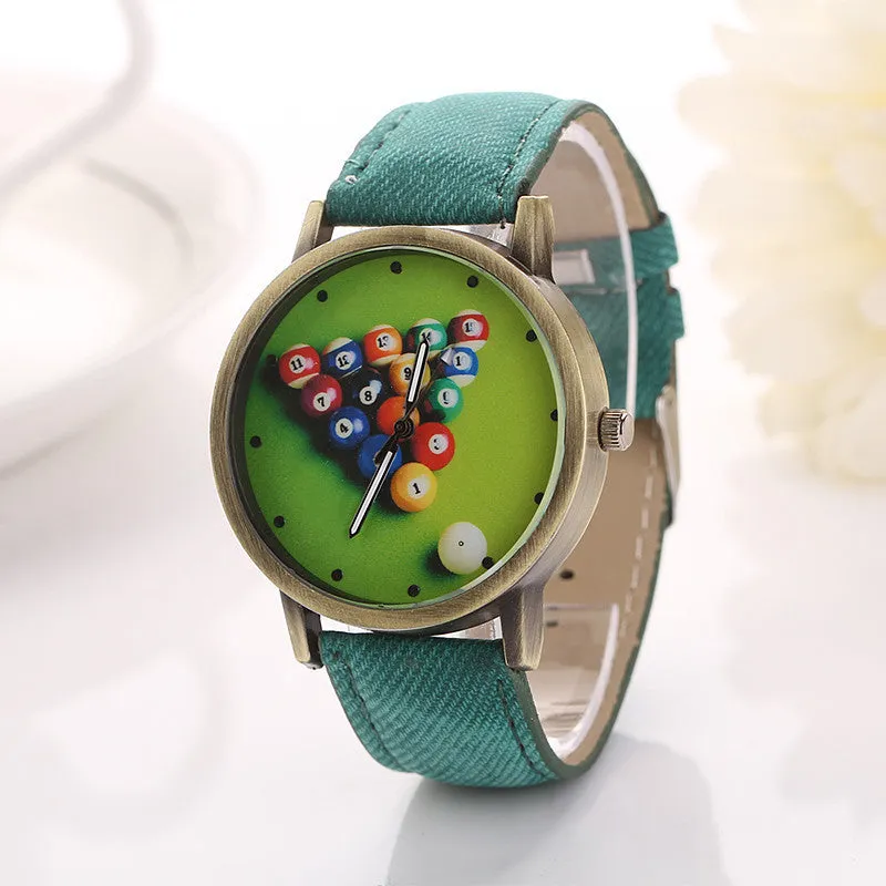 Billiards Cartoon Fashion Casual Women Girls Watches Vintage Wristwatches Canvas Fabric Strap Pattern Quartz Watch