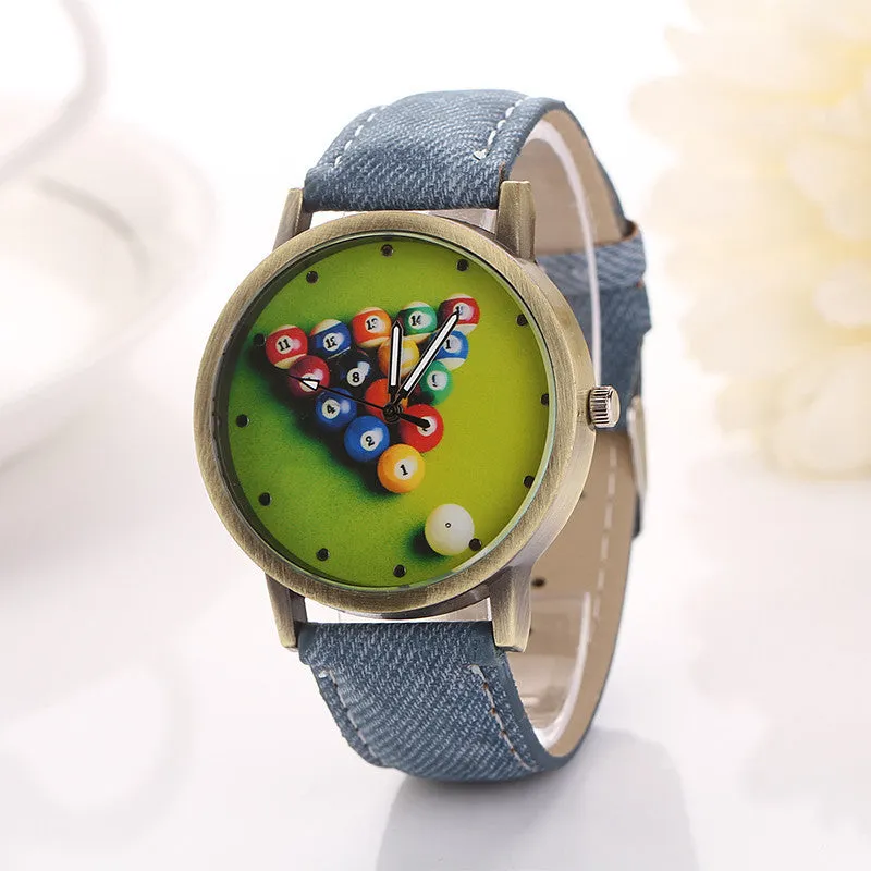 Billiards Cartoon Fashion Casual Women Girls Watches Vintage Wristwatches Canvas Fabric Strap Pattern Quartz Watch