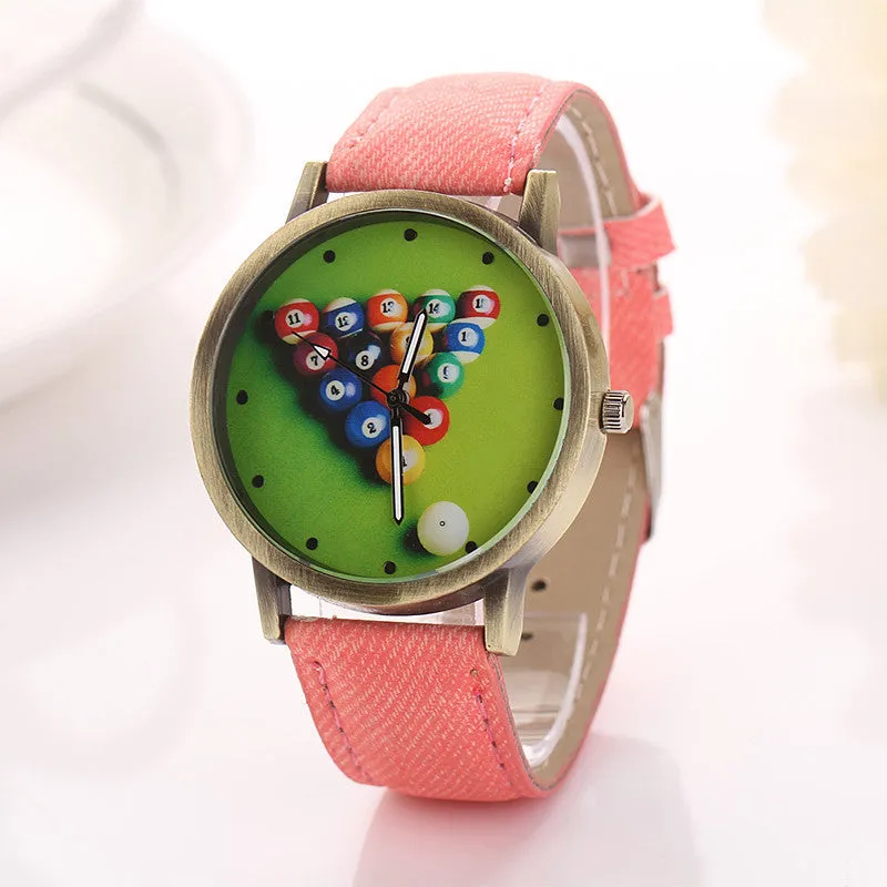 Billiards Cartoon Fashion Casual Women Girls Watches Vintage Wristwatches Canvas Fabric Strap Pattern Quartz Watch