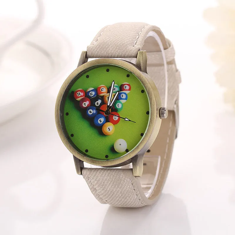Billiards Cartoon Fashion Casual Women Girls Watches Vintage Wristwatches Canvas Fabric Strap Pattern Quartz Watch