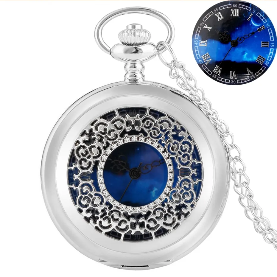 Blue Dial Pendant Retro Hollow Case Quartz Pocket Watch