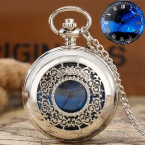 Blue Dial Pendant Retro Hollow Case Quartz Pocket Watch