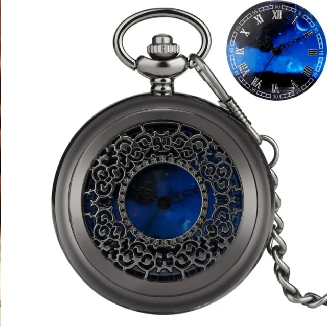 Blue Dial Pendant Retro Hollow Case Quartz Pocket Watch