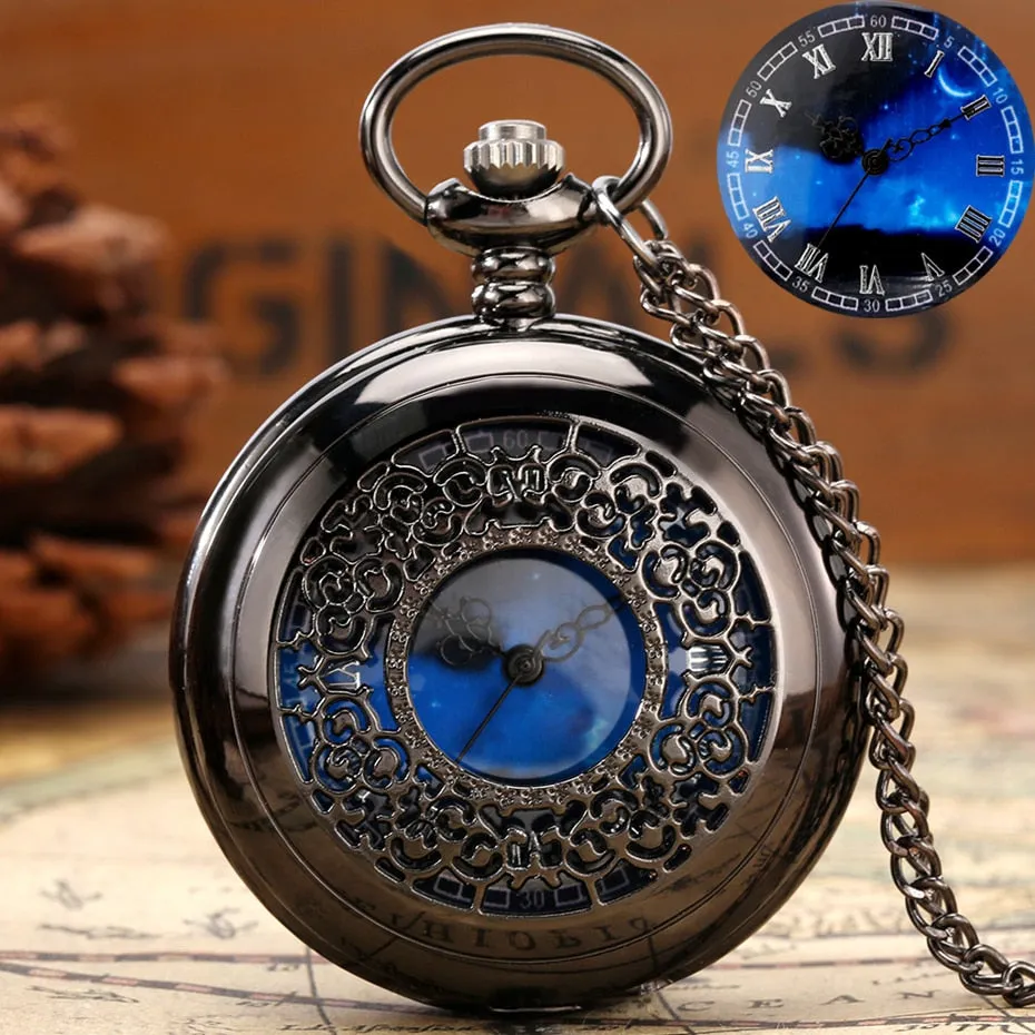 Blue Dial Pendant Retro Hollow Case Quartz Pocket Watch