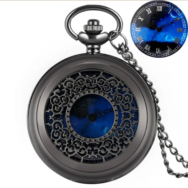 Blue Dial Pendant Retro Hollow Case Quartz Pocket Watch