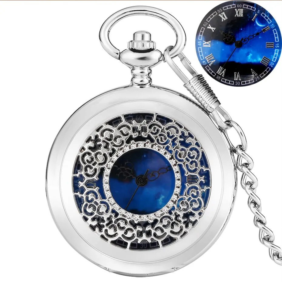 Blue Dial Pendant Retro Hollow Case Quartz Pocket Watch