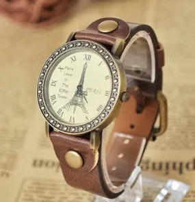 Eiffel Tower Surface Fashion Vintage Women Quartz Leather Strap 6 Colors Wristwatch High Quality Dress Watches