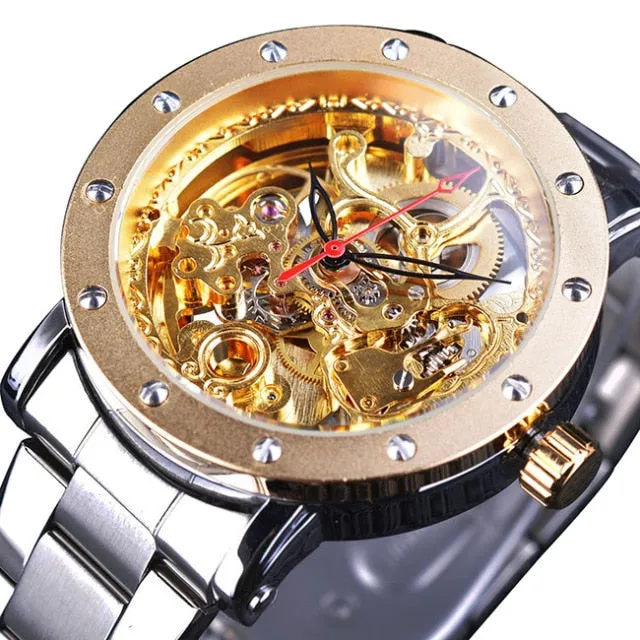 Forsining Silver Skeleton Wristwatches Black Red Pointer Silver Stainless Steel Belt Automatic Watches for Men Transparent Watch