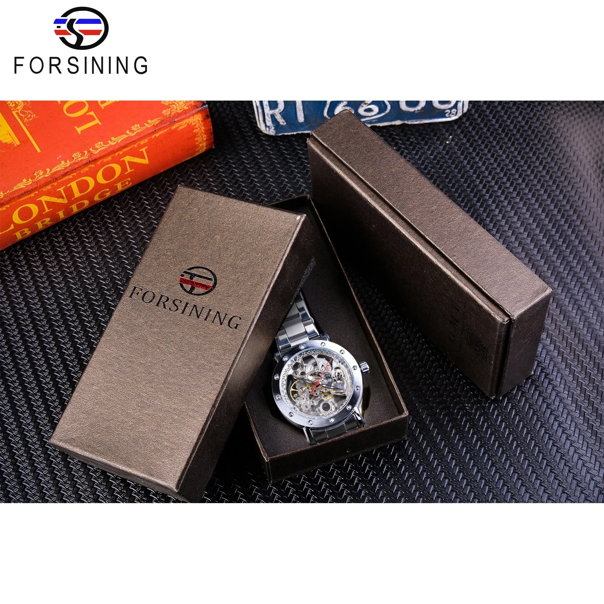 Forsining Silver Skeleton Wristwatches Black Red Pointer Silver Stainless Steel Belt Automatic Watches for Men Transparent Watch