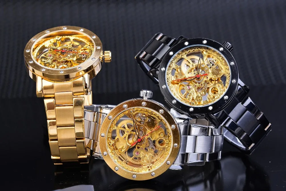 Forsining Silver Skeleton Wristwatches Black Red Pointer Silver Stainless Steel Belt Automatic Watches for Men Transparent Watch