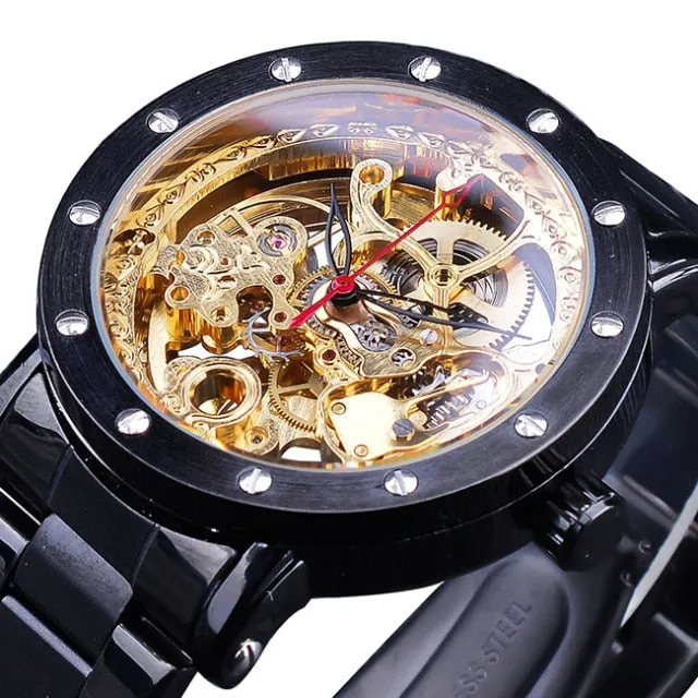 Forsining Silver Skeleton Wristwatches Black Red Pointer Silver Stainless Steel Belt Automatic Watches for Men Transparent Watch