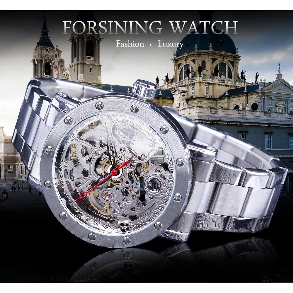 Forsining Silver Skeleton Wristwatches Black Red Pointer Silver Stainless Steel Belt Automatic Watches for Men Transparent Watch