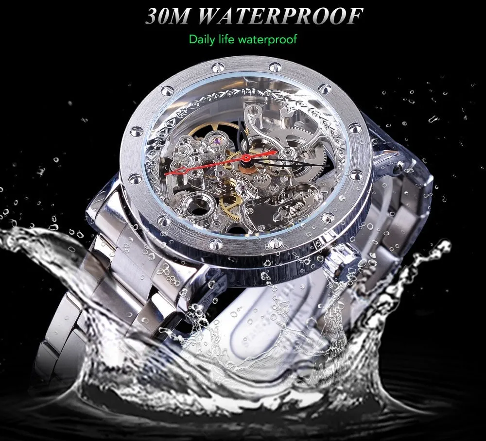 Forsining Silver Skeleton Wristwatches Black Red Pointer Silver Stainless Steel Belt Automatic Watches for Men Transparent Watch