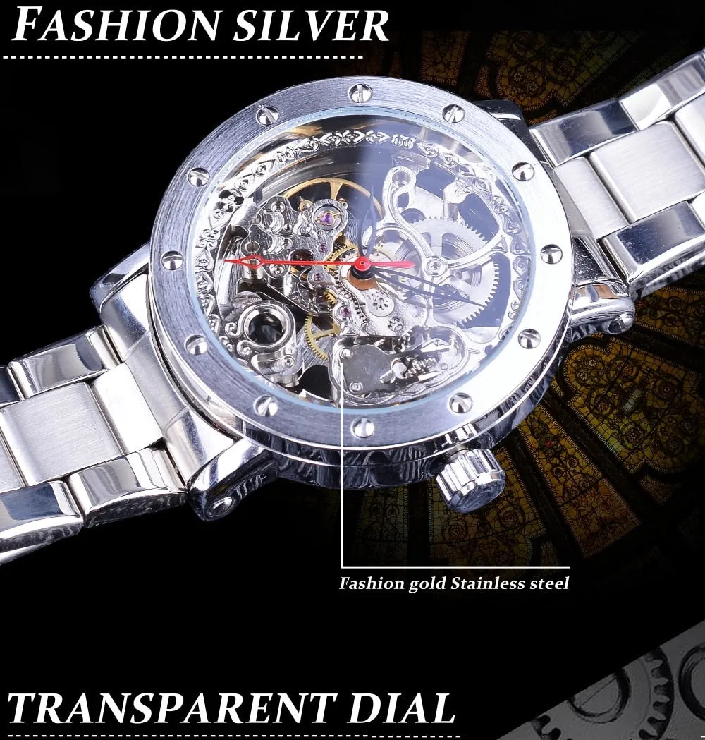 Forsining Silver Skeleton Wristwatches Black Red Pointer Silver Stainless Steel Belt Automatic Watches for Men Transparent Watch