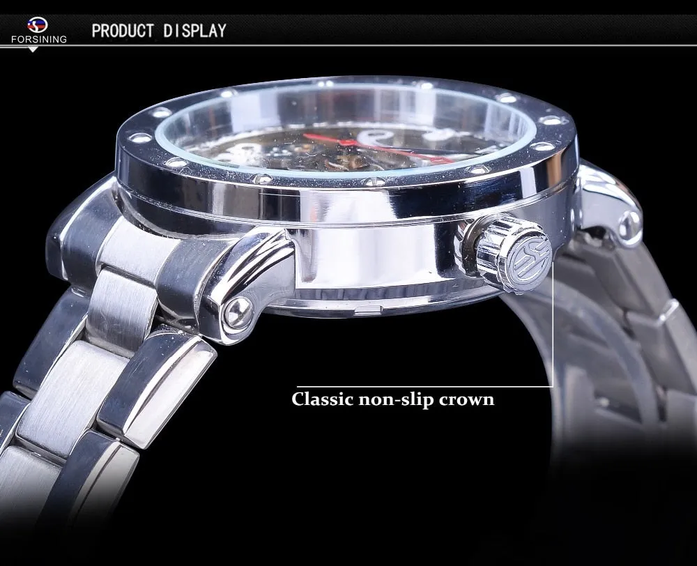 Forsining Silver Skeleton Wristwatches Black Red Pointer Silver Stainless Steel Belt Automatic Watches for Men Transparent Watch