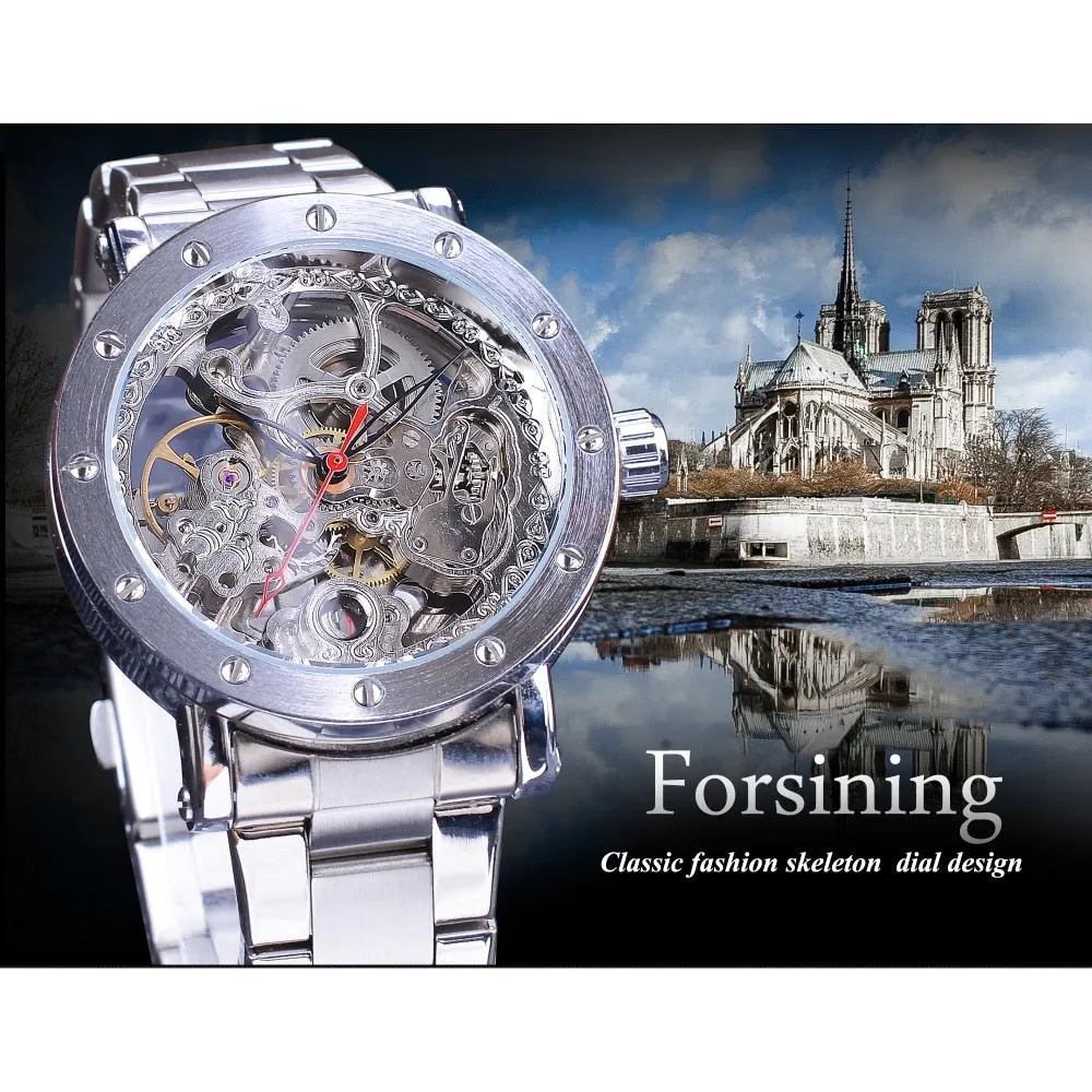Forsining Silver Skeleton Wristwatches Black Red Pointer Silver Stainless Steel Belt Automatic Watches for Men Transparent Watch