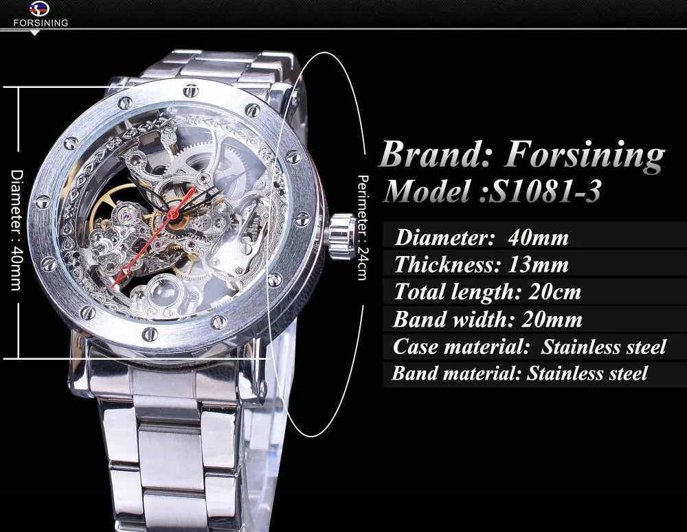 Forsining Silver Skeleton Wristwatches Black Red Pointer Silver Stainless Steel Belt Automatic Watches for Men Transparent Watch