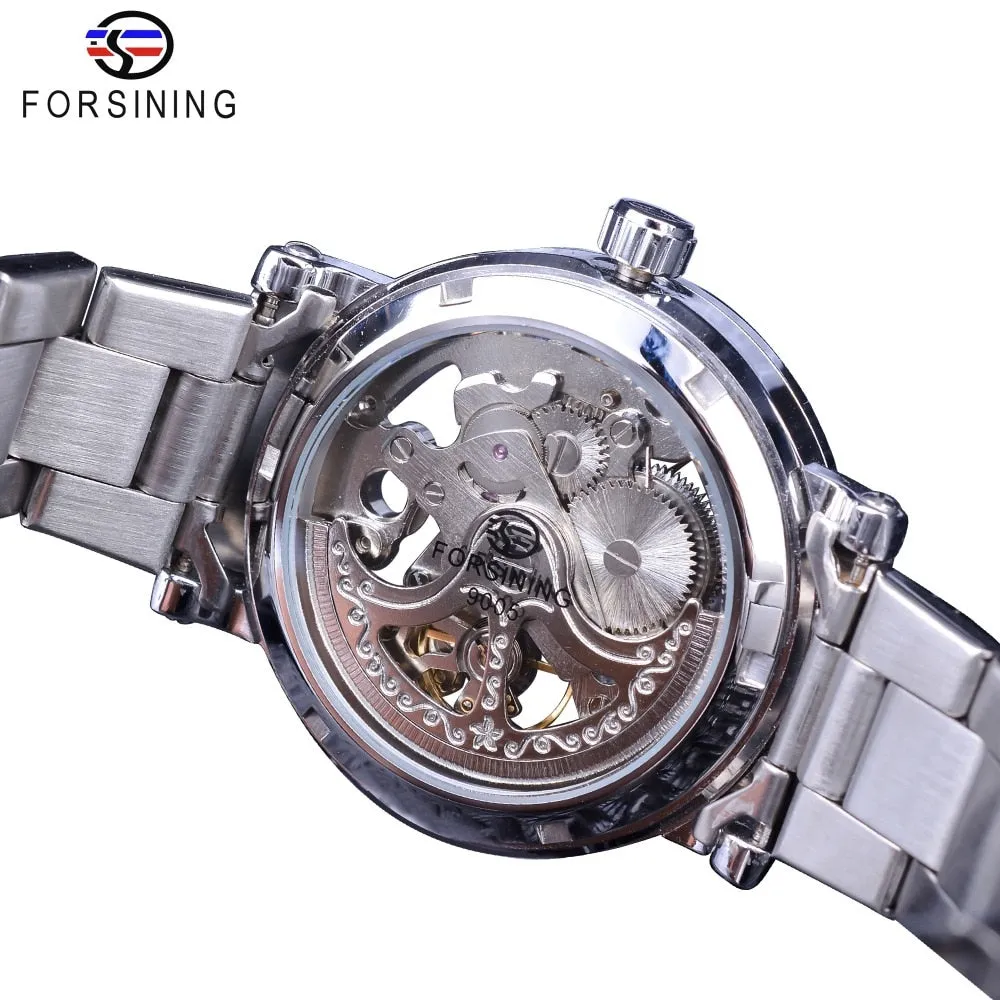 Forsining Silver Skeleton Wristwatches Black Red Pointer Silver Stainless Steel Belt Automatic Watches for Men Transparent Watch