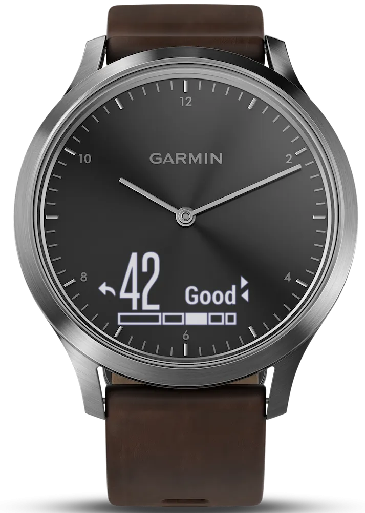 Garmin Watch Vivomove HR Silver Tone with Dark Brown Leather Band D